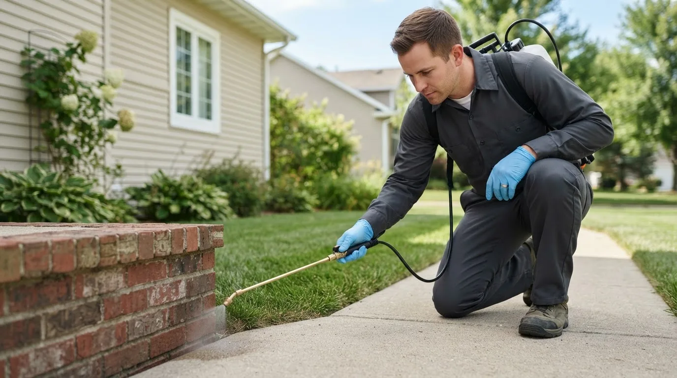Pest control technician treating a home near Meansville, GA